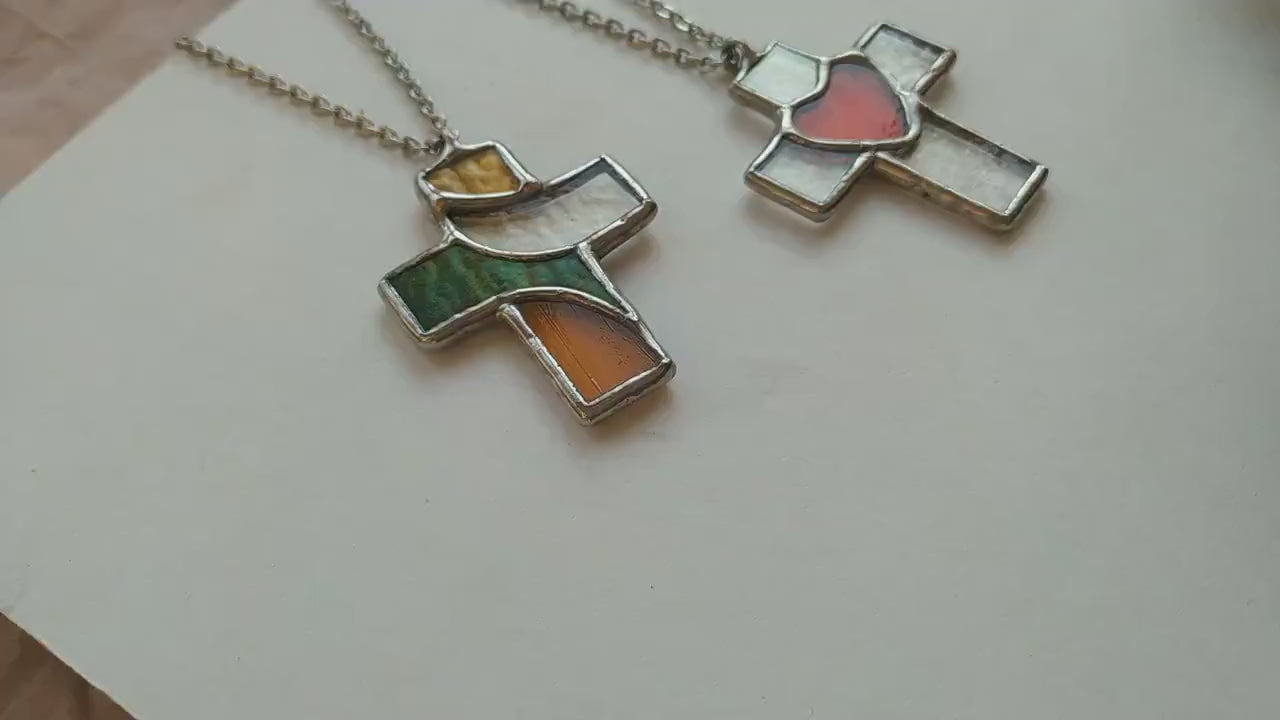 Stained Glass Cross Necklace: Iridescent Dove Pendant, Christian Gift