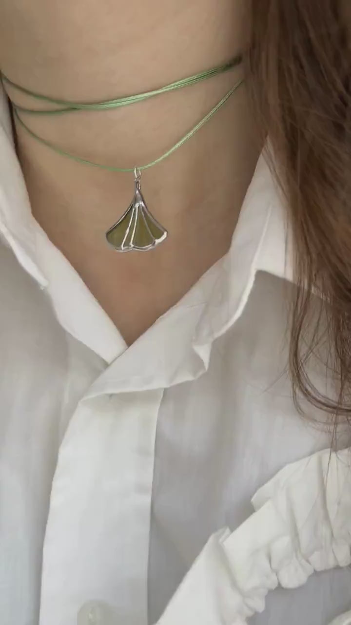 Green Stained Glass Leaf Necklace: Botanical Pendant Jewelry