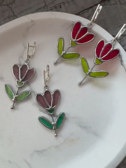 Stained Glass Flower Earrings: Handmade Botanical Art Glass Dangles
