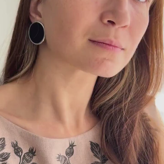 Black Stained Glass Disc Earrings: Geometric Art Glass Studs