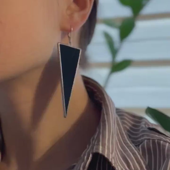 Gothic Black Triangle Earrings – Bold Geometric Stained Glass Statement Studs