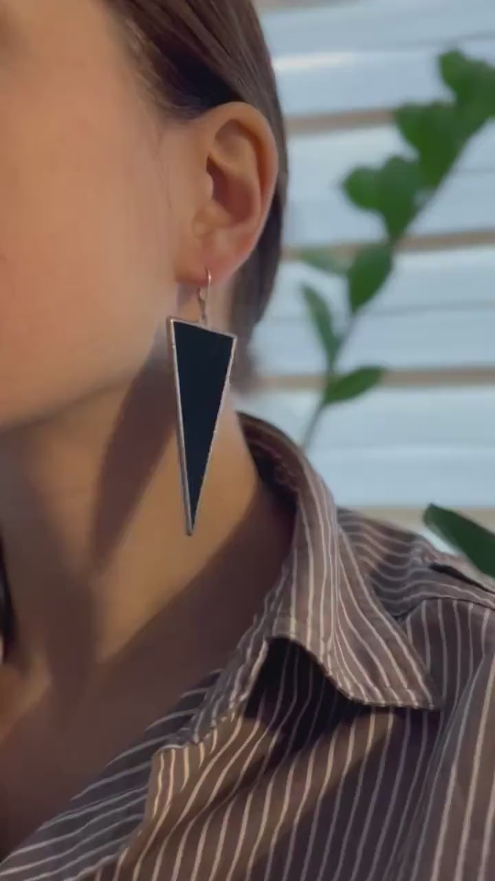 Gothic Black Triangle Earrings – Bold Geometric Stained Glass Statement Studs