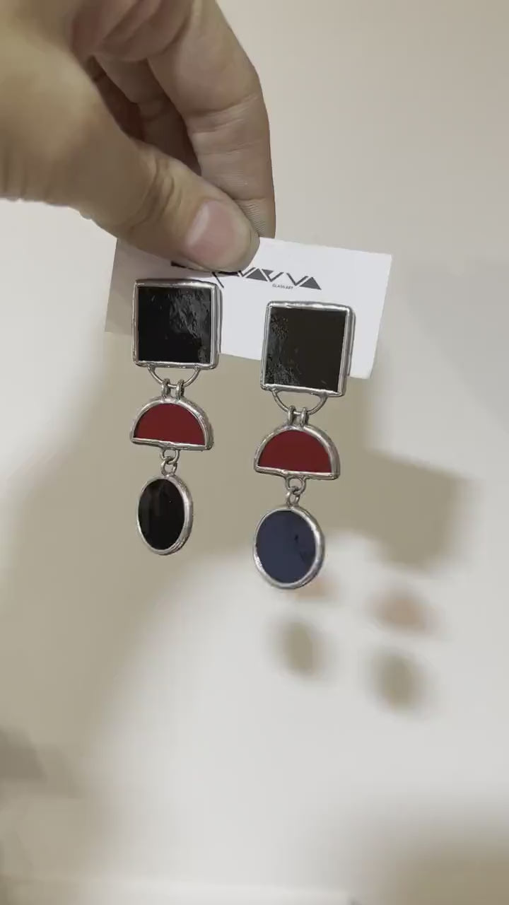 Stained Glass Statement Earrings – Geometric Black & Red Dangle Jewelry