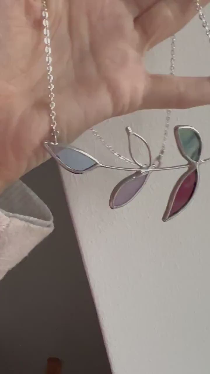 Stained Glass Leaf Necklace, Botanical Garden Jewelry, Tropical fall charm, green forest pendant