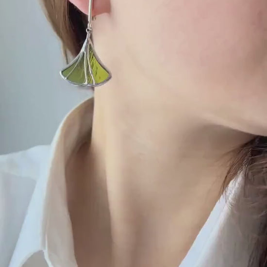 Stained Glass Ginkgo Leaf Earrings: Green Botanical Dangles on  Sterling Silver closures