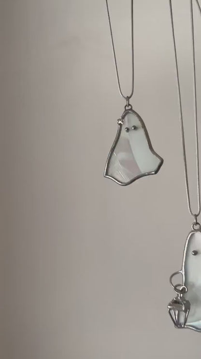 Iridescent Stained Glass Ghost Pendant: Spooky Halloween Necklace