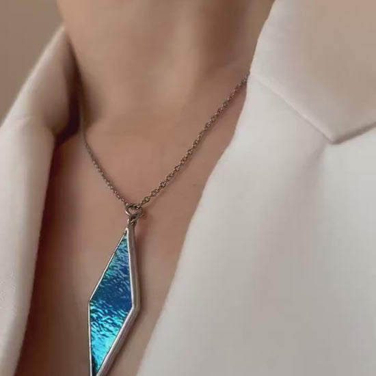 Blue Stained Glass Geometric Pendant: Handmade Modern Necklace