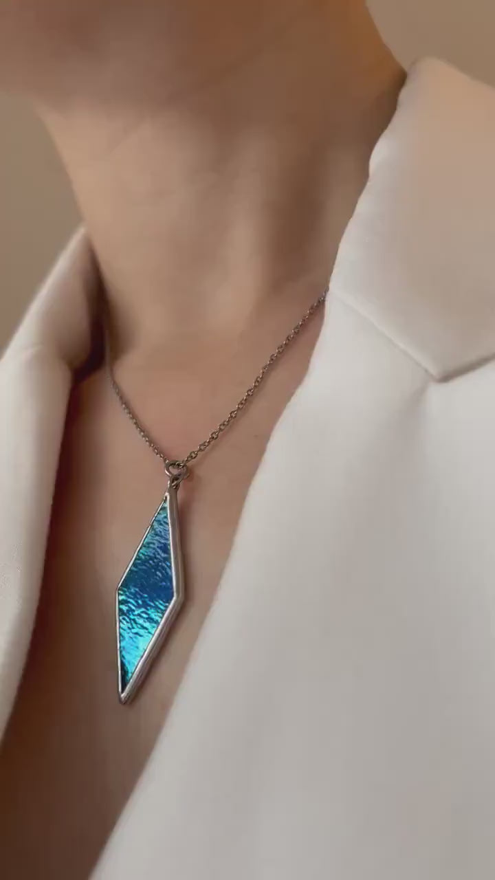Blue Stained Glass Geometric Pendant: Handmade Modern Necklace