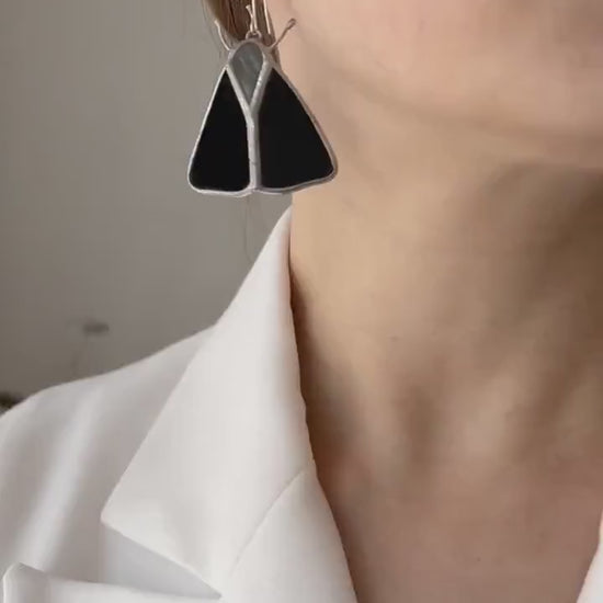 Black stained glass butterfly earrings elegant dangle insect jewelry unique womens gift