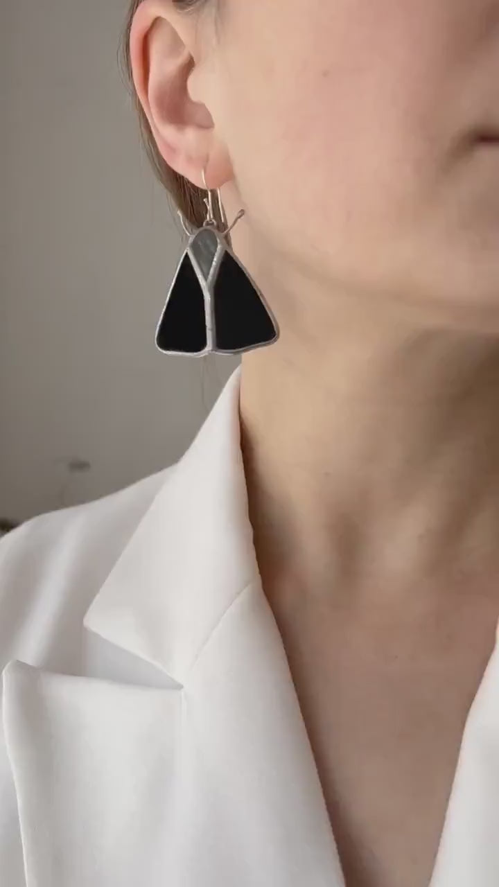 Black stained glass butterfly earrings elegant dangle insect jewelry unique womens gift