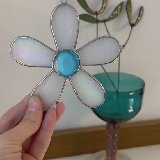 Orange Stained Glass Daisy Suncatcher: Handmade Window Decor