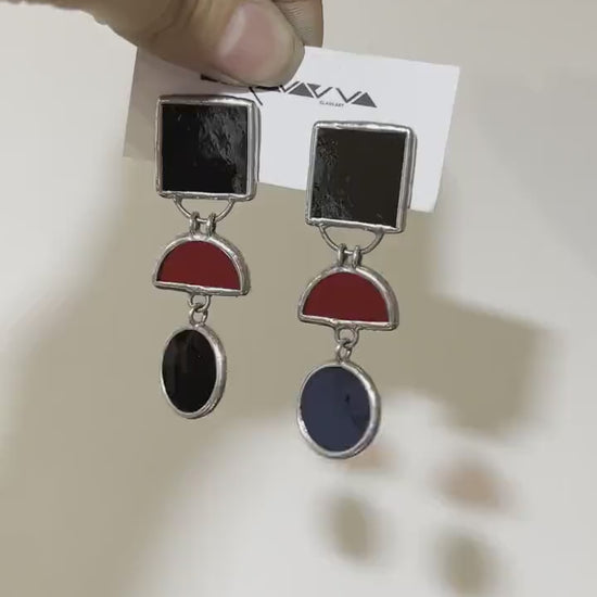Statement Geometric Earrings – Black Red Stained Glass
