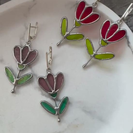 Stained Glass Flower Dangle Earrings: Handmade Art Glass, Sterling Silver