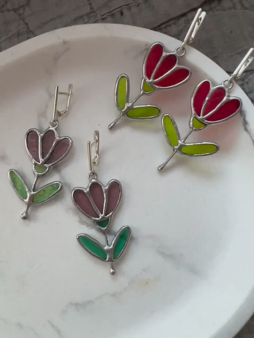 Stained Glass Flower Dangle Earrings: Handmade Art Glass, Sterling Silver
