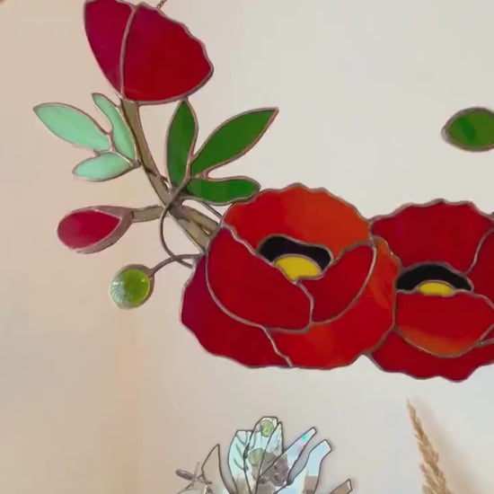 Stained Glass California Poppy Wreath: Floral Window Suncatcher