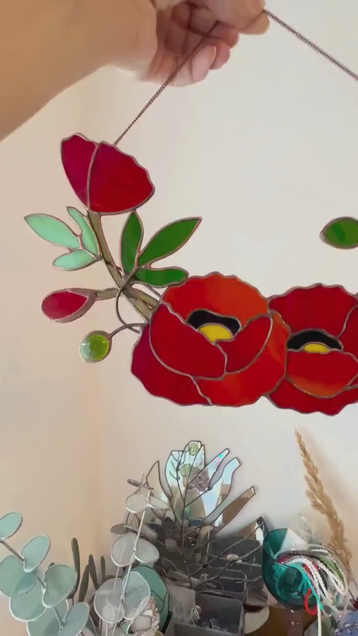 Stained Glass California Poppy Wreath: Floral Window Suncatcher