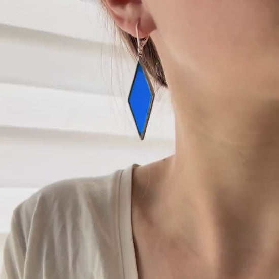 Blue Stained Glass Rhombus Earrings: Geometric Modern Dangle