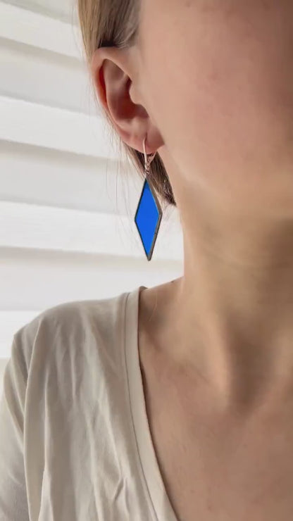 Blue Stained Glass Rhombus Earrings: Geometric Modern Dangle