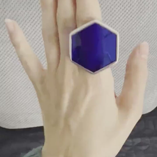 Chunky Hexagon Ring: Sapphire Blue Stained Glass Statement Jewelry