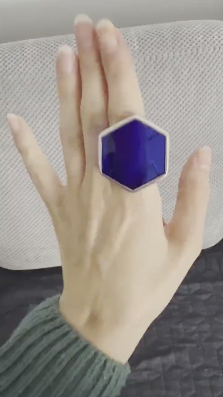 Chunky Hexagon Ring: Sapphire Blue Stained Glass Statement Jewelry