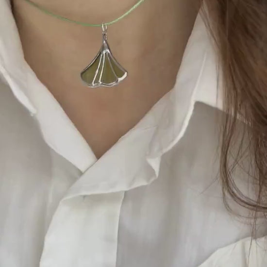 Botanical Stained Glass Leaf Necklace: Art Glass Ginkgo Pendant