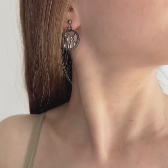 Stained Glass Raindrop Earrings: Round Crystalline Disc, Silver Studs