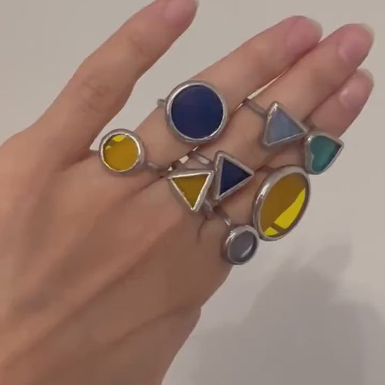Stained Glass Ring Set: Blue & Yellow Geometric Friendship Rings
