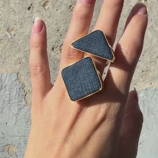 Large Denim Geometric Ring: Chunky Statement Jewelry