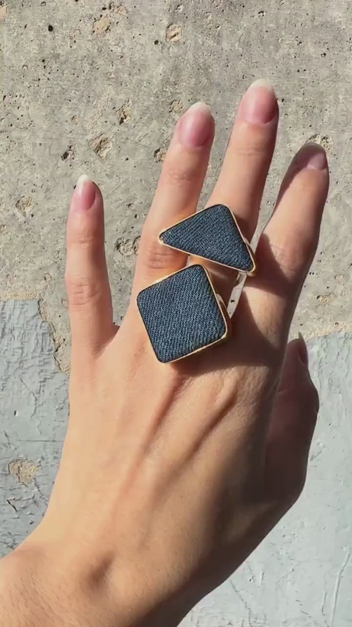 Large Denim Geometric Ring: Chunky Statement Jewelry
