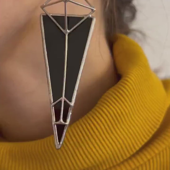 gothic hipster jewelry large black triangular earrings cube pyramid minimalist monumental geometric architectural design