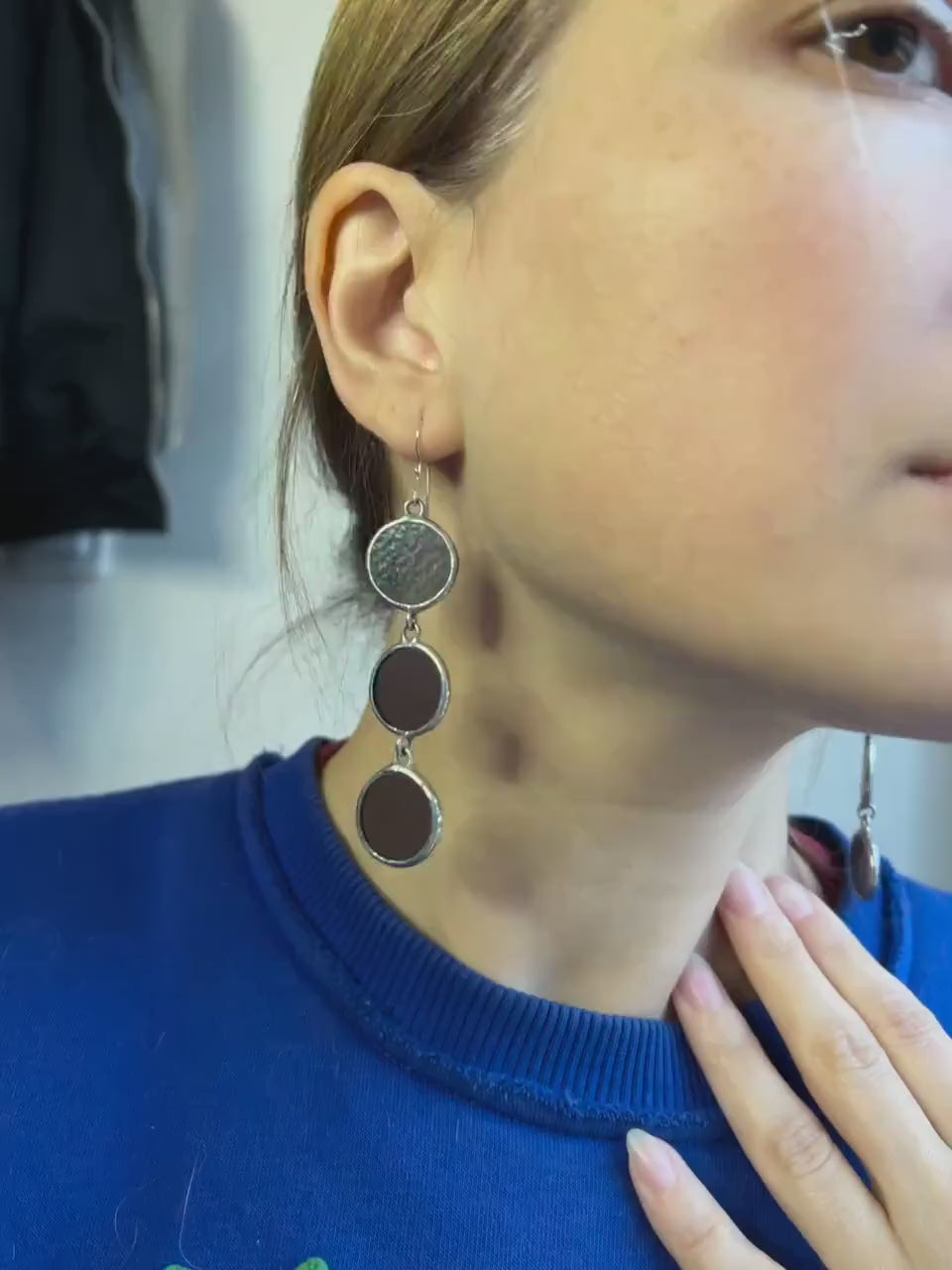 Stained Glass Dangle Earrings: Geometric Circle Drop, 925 Silver