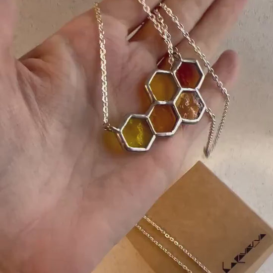 Stained Glass Honeycomb Necklace – Yellow Hexagon Bee Pendant