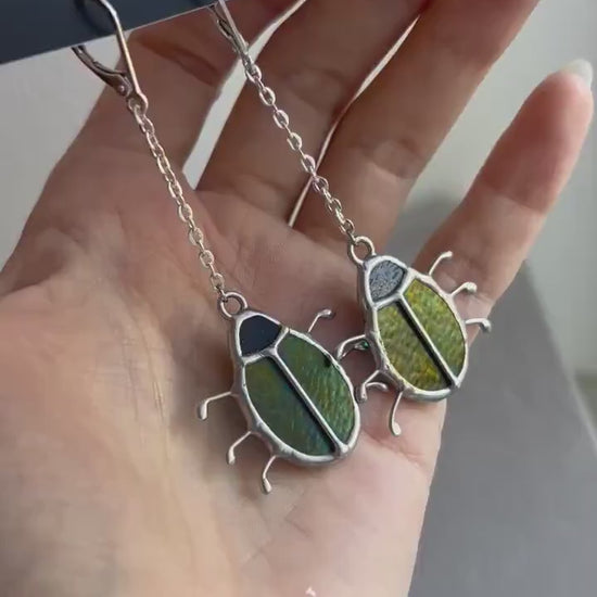 Stained Glass Bug Pendant • Iridescent Green Beetle Necklace
