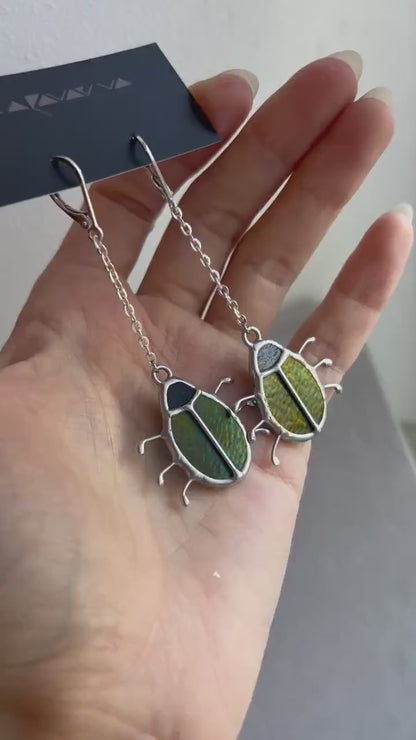 Stained Glass Bug Pendant • Iridescent Green Beetle Necklace
