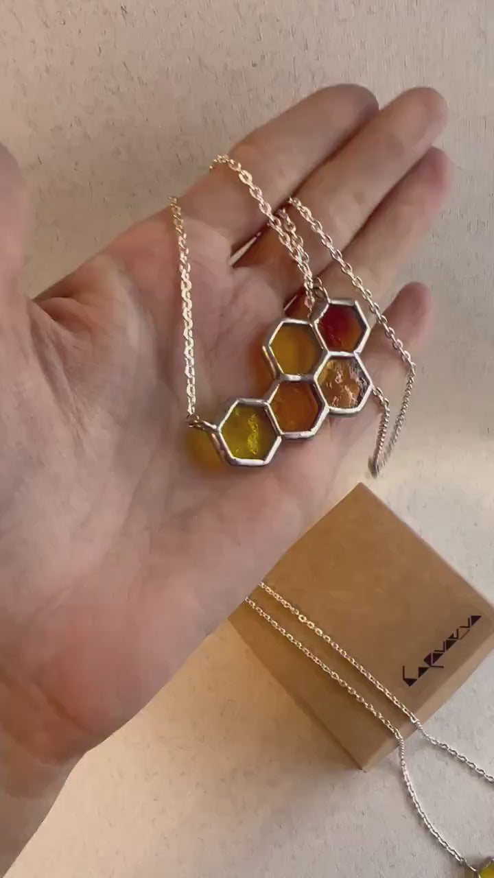 Blue Honeycomb Necklace – Minimalist Geometric Stained Glass Bee Jewelry
