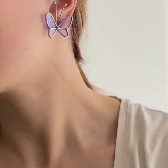 Stained Glass Butterfly Dangle Earrings: Nature Insect Jewelry