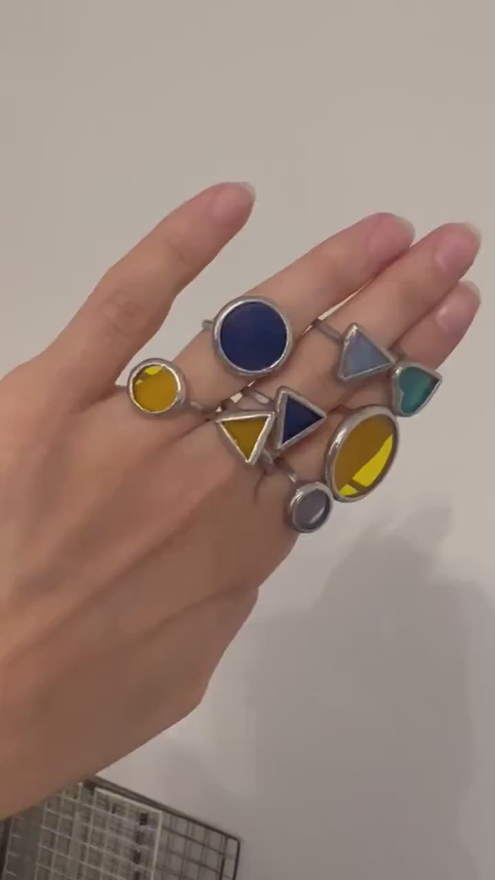 Stained Glass Geometric Ring Set: Yellow Triangle & Blue Disc - Modern Jewelry Gift