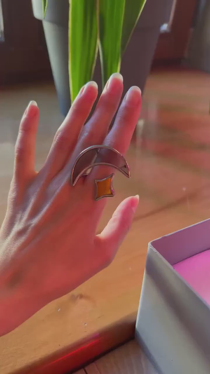 Stained Glass Moon & Star Ring • Chunky Crescent Statement Jewelry